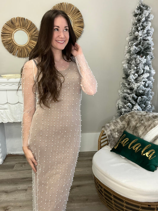 Sequin and Pearl Overlay Dress - Cream-Dress- Hometown Style HTS, women's in store and online boutique located in Ingersoll, Ontario