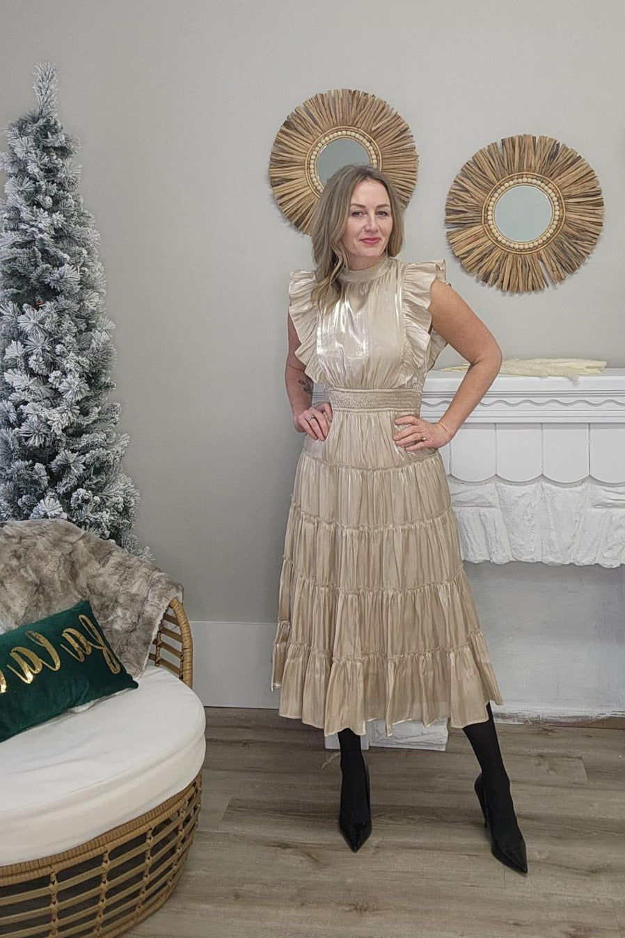 Organza Tiered Midi Dress - Champagne-Dress- Hometown Style HTS, women's in store and online boutique located in Ingersoll, Ontario