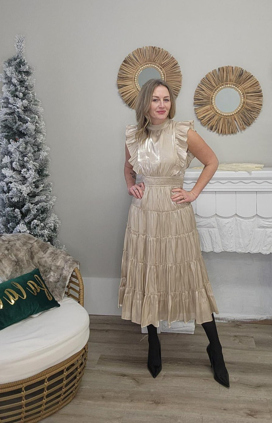 Organza Tiered Midi Dress - Champagne-Dress- Hometown Style HTS, women's in store and online boutique located in Ingersoll, Ontario