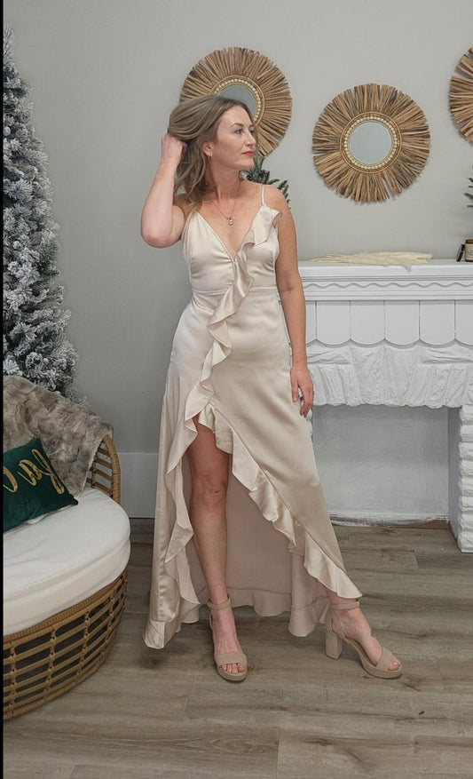 Silk Dress with Ruffle Accents- Champagne-Dress- Hometown Style HTS, women's in store and online boutique located in Ingersoll, Ontario