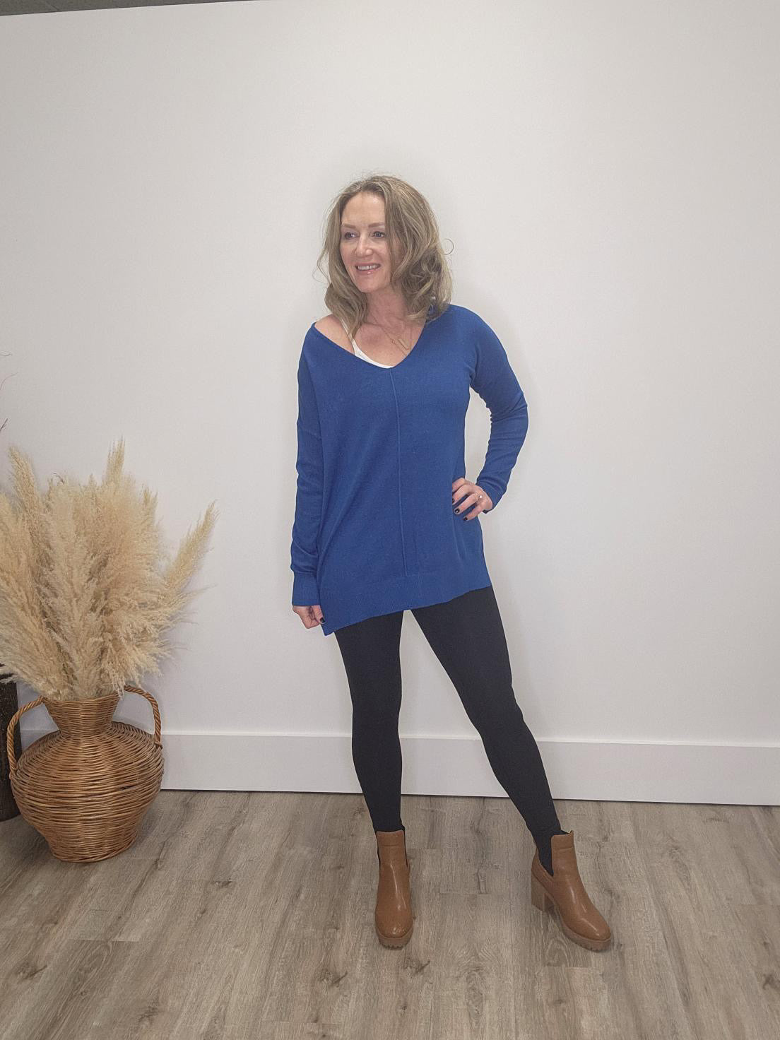 Essential V Neck Pullover - Classic Blue-Sweater- Hometown Style HTS, women's in store and online boutique located in Ingersoll, Ontario