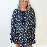 Floral Bow Tie Tiered Mini Dress - Midnight-Special Occasion Dresses- Hometown Style HTS, women's in store and online boutique located in Ingersoll, Ontario