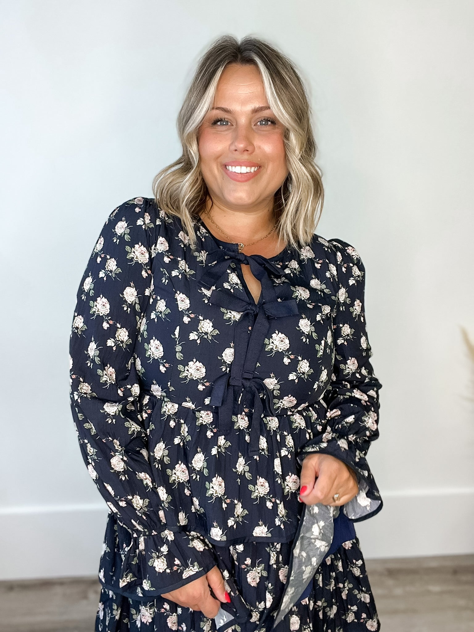 Floral Bow Tie Tiered Mini Dress - Midnight-Special Occasion Dresses- Hometown Style HTS, women's in store and online boutique located in Ingersoll, Ontario