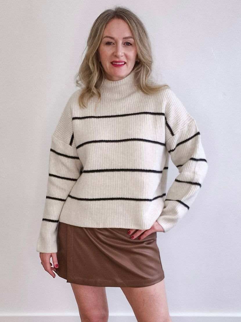 Mock Neck, Ribbed Knit Sweater - White/Black Stripe-Sweaters and Cardigans- Hometown Style HTS, women's in store and online boutique located in Ingersoll, Ontario