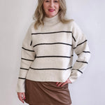 Mock Neck, Ribbed Knit Sweater - White/Black Stripe-Sweaters and Cardigans- Hometown Style HTS, women's in store and online boutique located in Ingersoll, Ontario