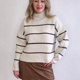 Mock Neck, Ribbed Knit Sweater - White/Black Stripe-Sweaters and Cardigans- Hometown Style HTS, women's in store and online boutique located in Ingersoll, Ontario