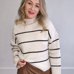 Mock Neck, Ribbed Knit Sweater - White/Black Stripe-Sweaters and Cardigans- Hometown Style HTS, women's in store and online boutique located in Ingersoll, Ontario