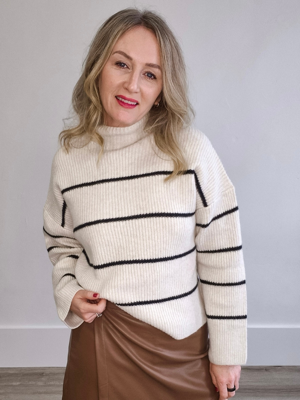 Mock Neck, Ribbed Knit Sweater - White/Black Stripe-Sweaters and Cardigans- Hometown Style HTS, women's in store and online boutique located in Ingersoll, Ontario