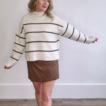 Mock Neck, Ribbed Knit Sweater - White/Black Stripe-Sweaters and Cardigans- Hometown Style HTS, women's in store and online boutique located in Ingersoll, Ontario
