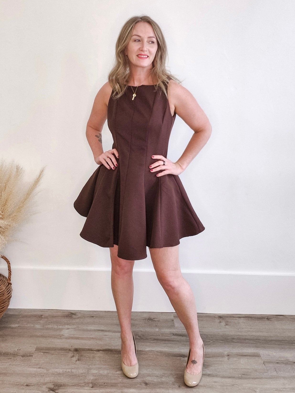 Sleeveless Flared Hemline Dress - Brown-Special Occasion Dress- Hometown Style HTS, women's in store and online boutique located in Ingersoll, Ontario