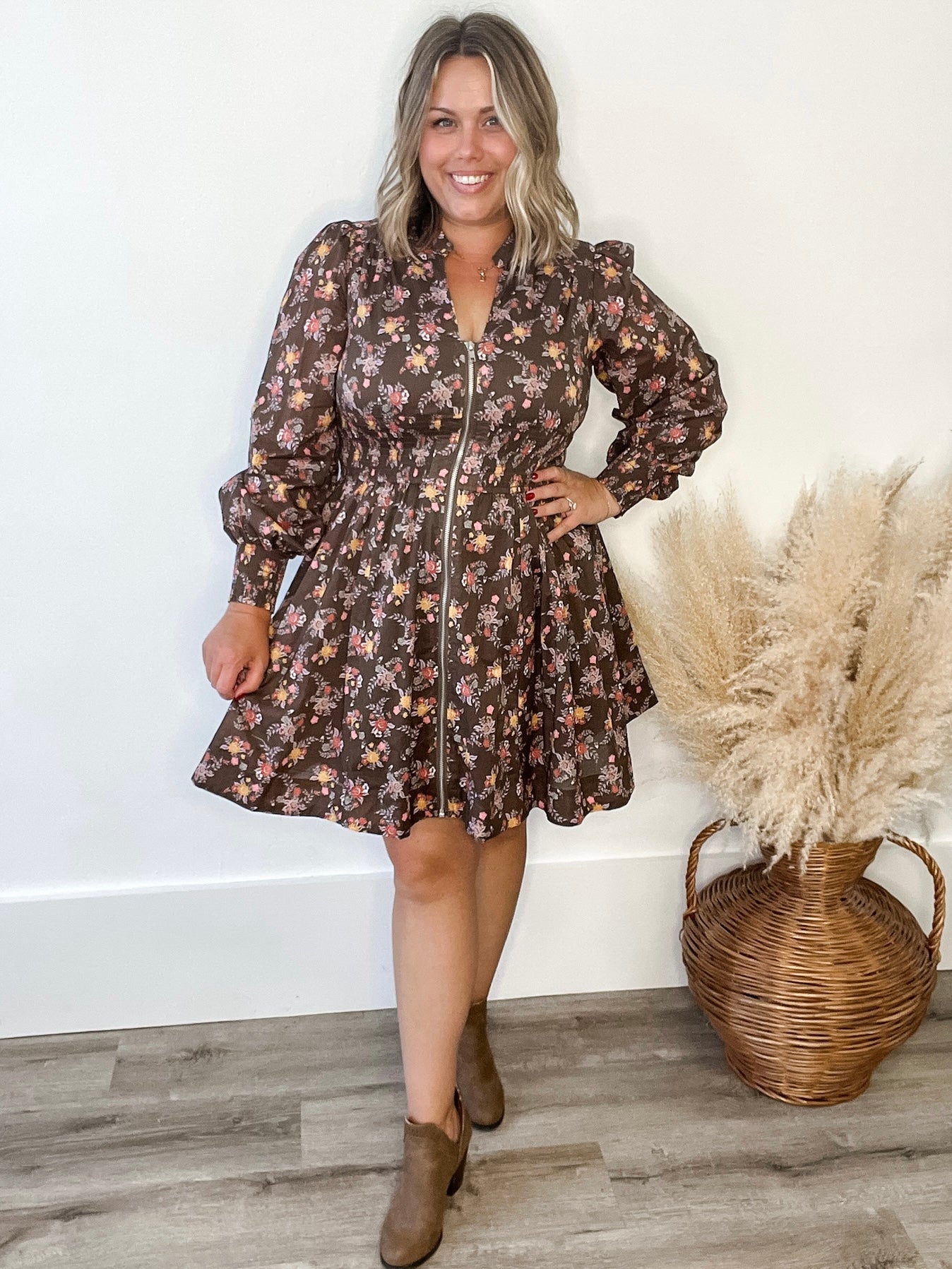 Zippered Floral Mini Dress-Special Occasion Dresses- Hometown Style HTS, women's in store and online boutique located in Ingersoll, Ontario