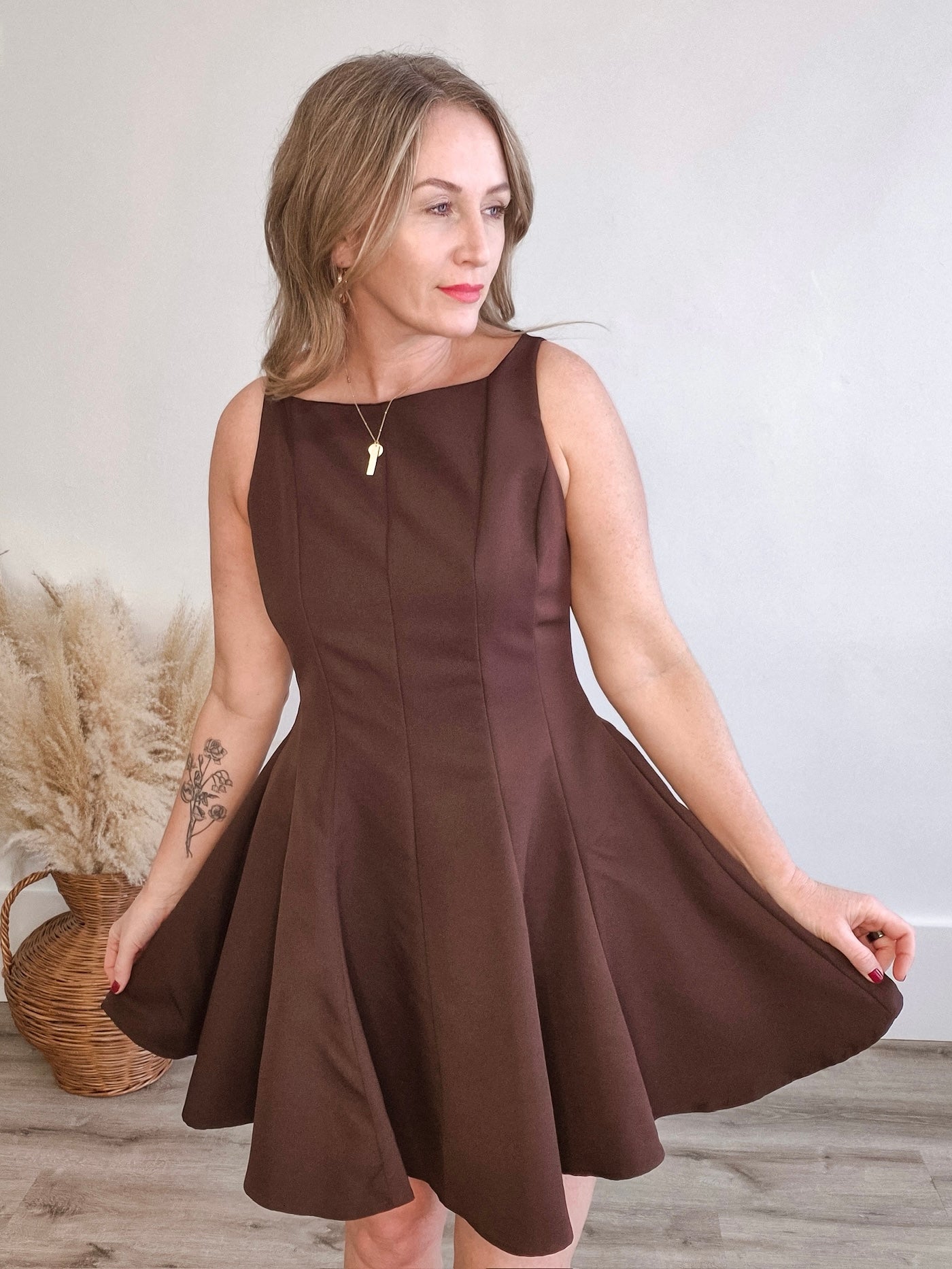Sleeveless Flared Hemline Dress - Brown-Special Occasion Dress- Hometown Style HTS, women's in store and online boutique located in Ingersoll, Ontario