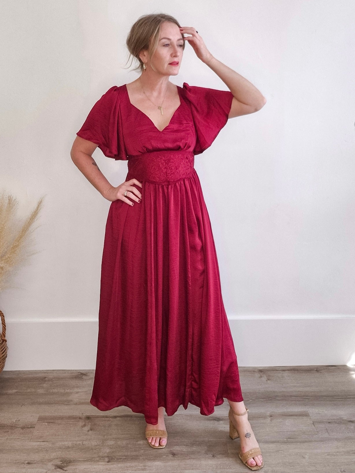 Washed Satin Lace Maxi - Cranberry-Special Occasion Dresses- Hometown Style HTS, women's in store and online boutique located in Ingersoll, Ontario