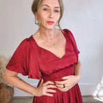 Washed Satin Lace Maxi - Cranberry-Special Occasion Dresses- Hometown Style HTS, women's in store and online boutique located in Ingersoll, Ontario