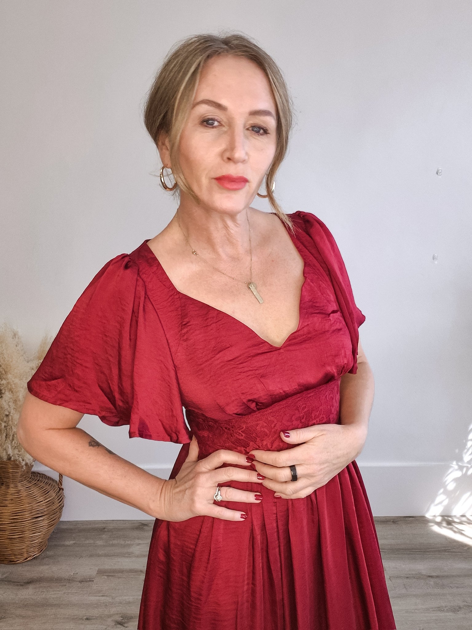 Washed Satin Lace Maxi - Cranberry-Special Occasion Dresses- Hometown Style HTS, women's in store and online boutique located in Ingersoll, Ontario