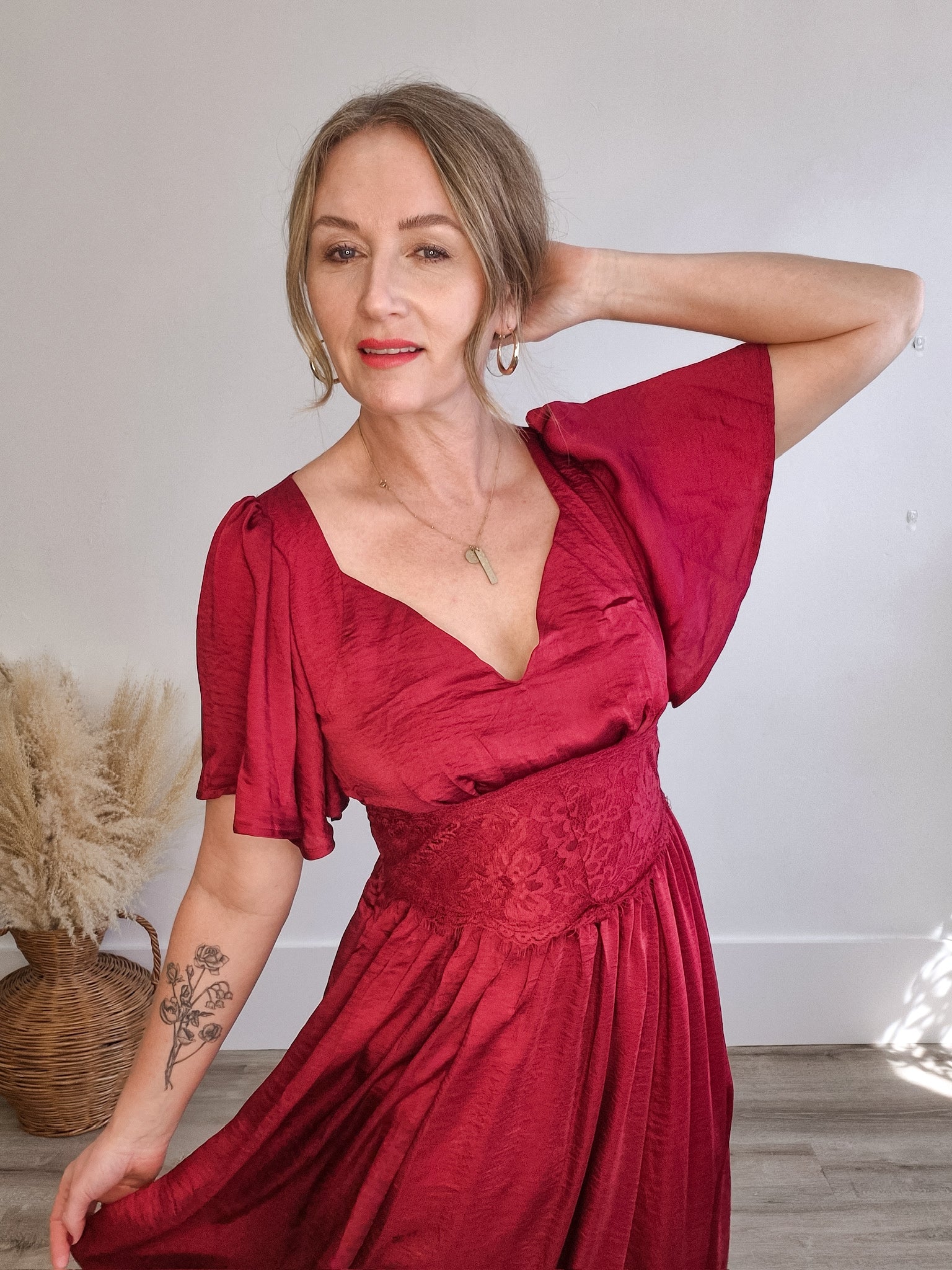 Washed Satin Lace Maxi - Cranberry-Special Occasion Dresses- Hometown Style HTS, women's in store and online boutique located in Ingersoll, Ontario