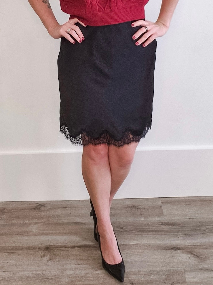 Lace Trim, Satin Slip Skirt - Black-Skirt- Hometown Style HTS, women's in store and online boutique located in Ingersoll, Ontario