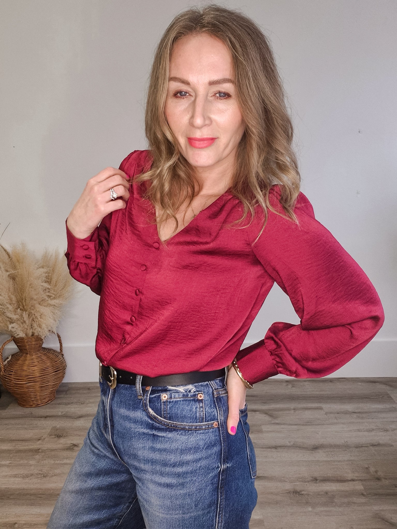 Satin V Neck Blouse- Wine-Blouses- Hometown Style HTS, women's in store and online boutique located in Ingersoll, Ontario