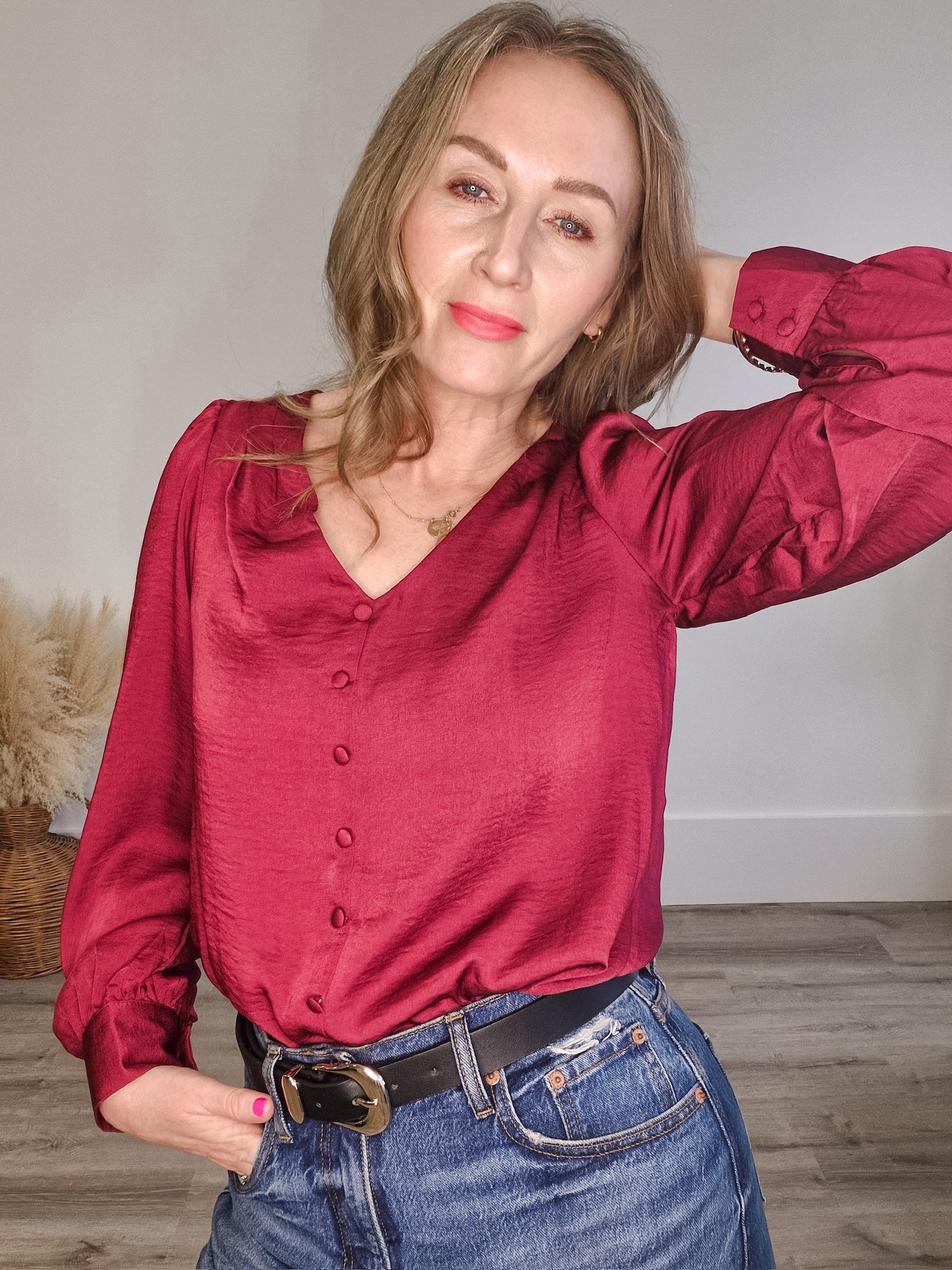 Satin V Neck Blouse- Wine-Blouses- Hometown Style HTS, women's in store and online boutique located in Ingersoll, Ontario