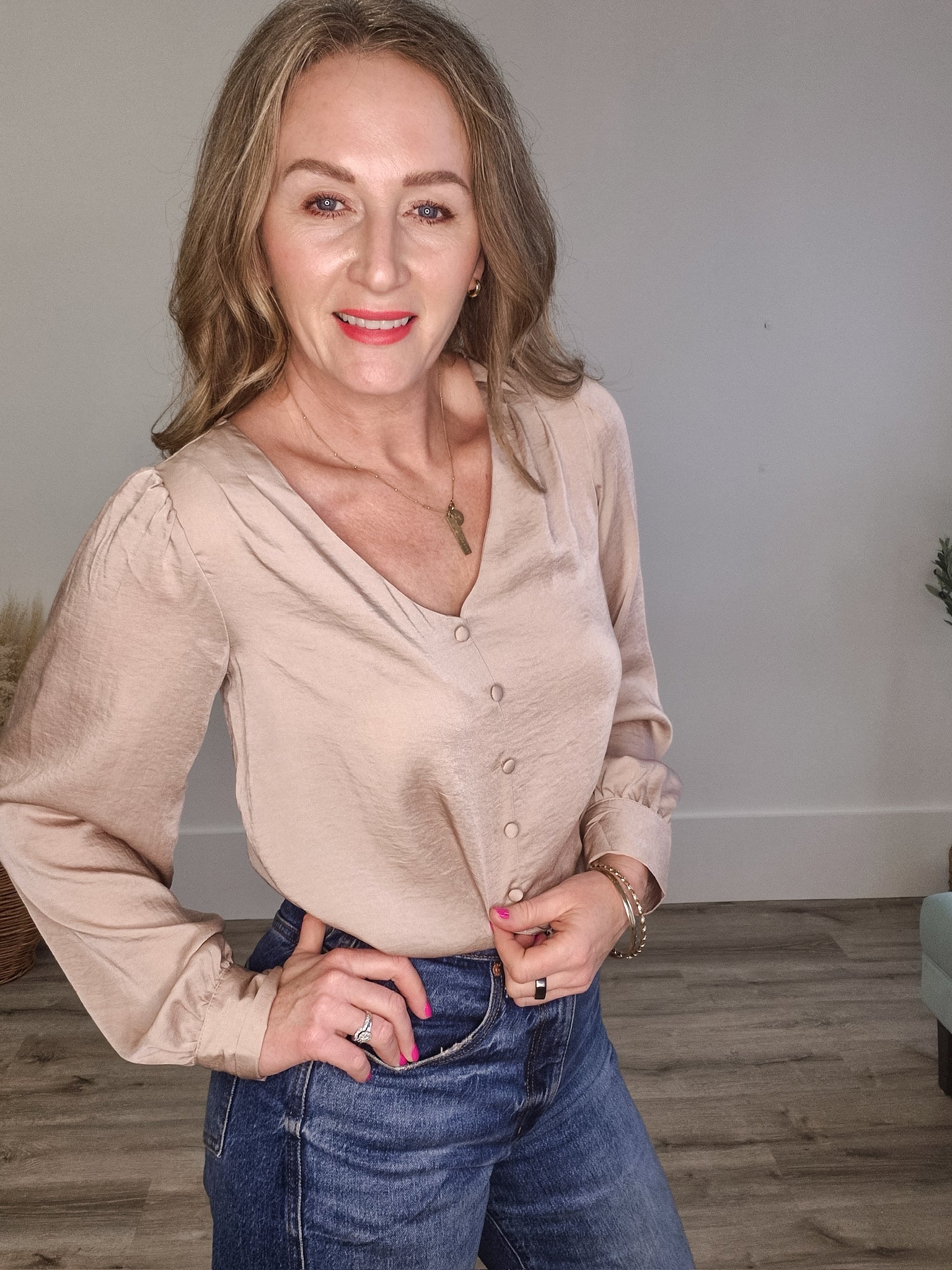 Satin V Neck Blouse - Champagne-Blouses- Hometown Style HTS, women's in store and online boutique located in Ingersoll, Ontario