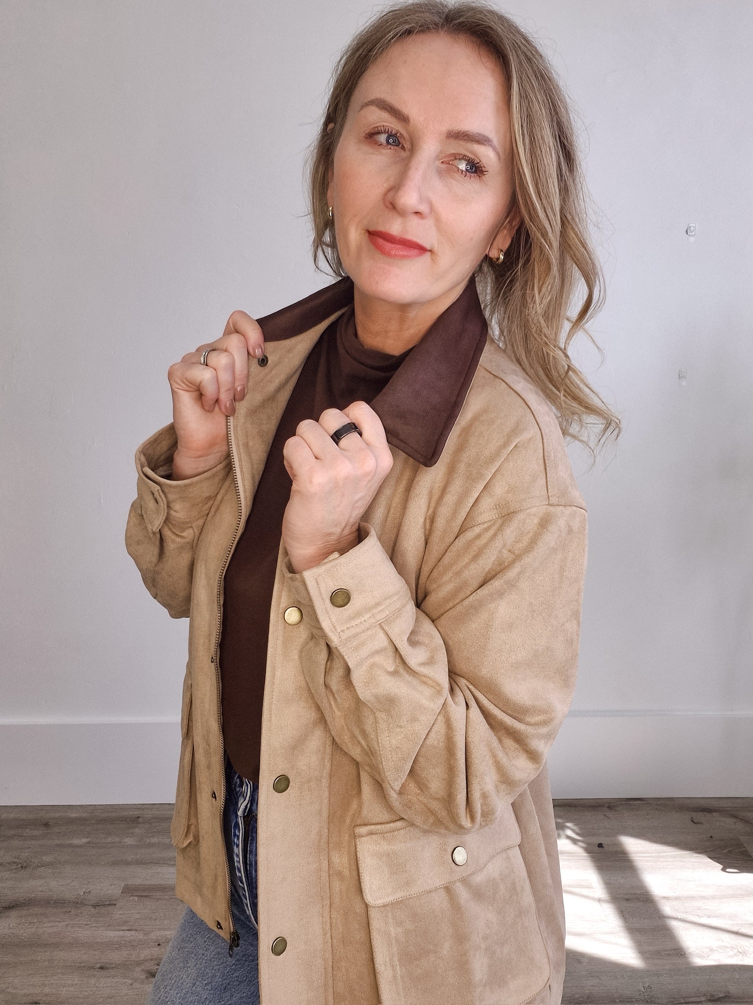 Faux Suede Barn Jacket-Coat & Jackets- Hometown Style HTS, women's in store and online boutique located in Ingersoll, Ontario