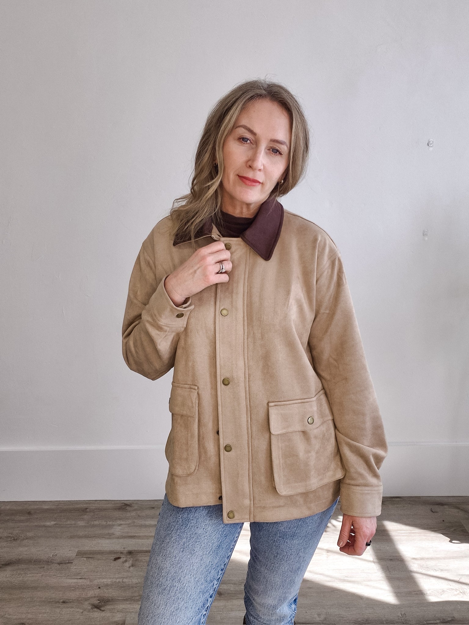 Faux Suede Barn Jacket-Coat & Jackets- Hometown Style HTS, women's in store and online boutique located in Ingersoll, Ontario