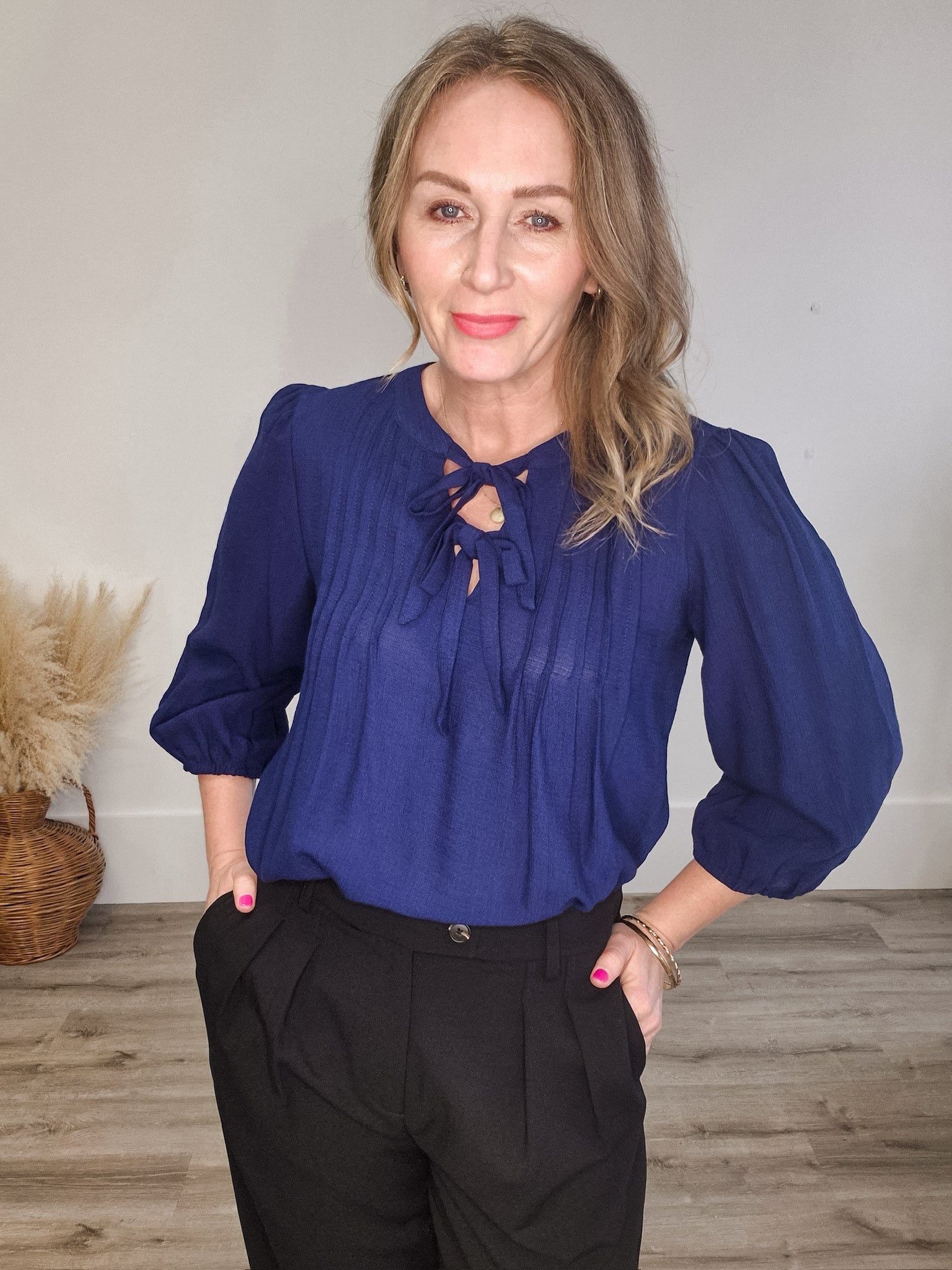 Front Tie Blouse - Navy-Blouses- Hometown Style HTS, women's in store and online boutique located in Ingersoll, Ontario