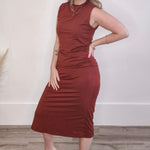 Draped Mock Neck Midi - Rust-dress- Hometown Style HTS, women's in store and online boutique located in Ingersoll, Ontario