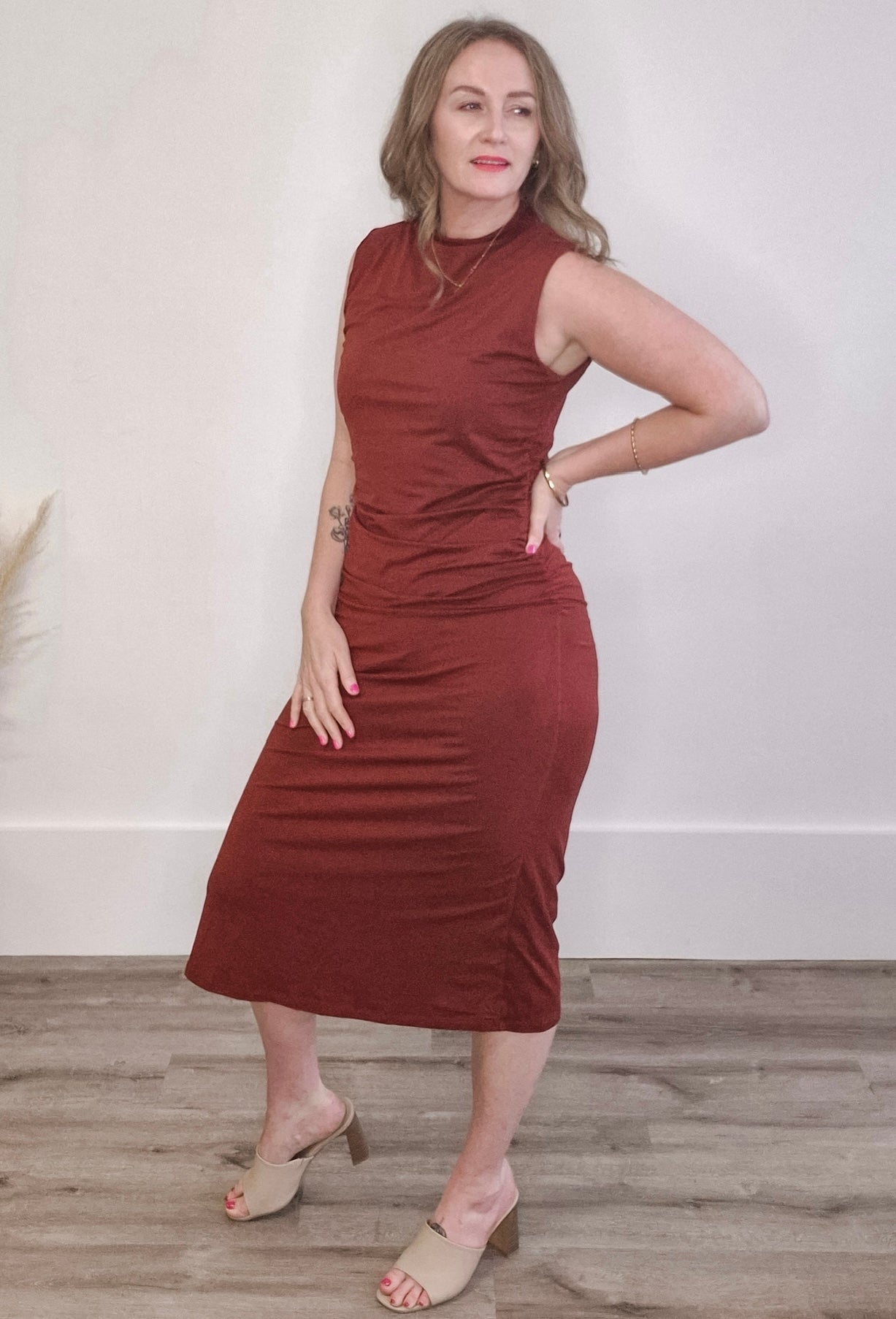 Draped Mock Neck Midi - Rust-dress- Hometown Style HTS, women's in store and online boutique located in Ingersoll, Ontario