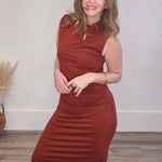 Draped Mock Neck Midi - Rust-dress- Hometown Style HTS, women's in store and online boutique located in Ingersoll, Ontario