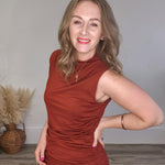 Draped Mock Neck Midi - Rust-dress- Hometown Style HTS, women's in store and online boutique located in Ingersoll, Ontario