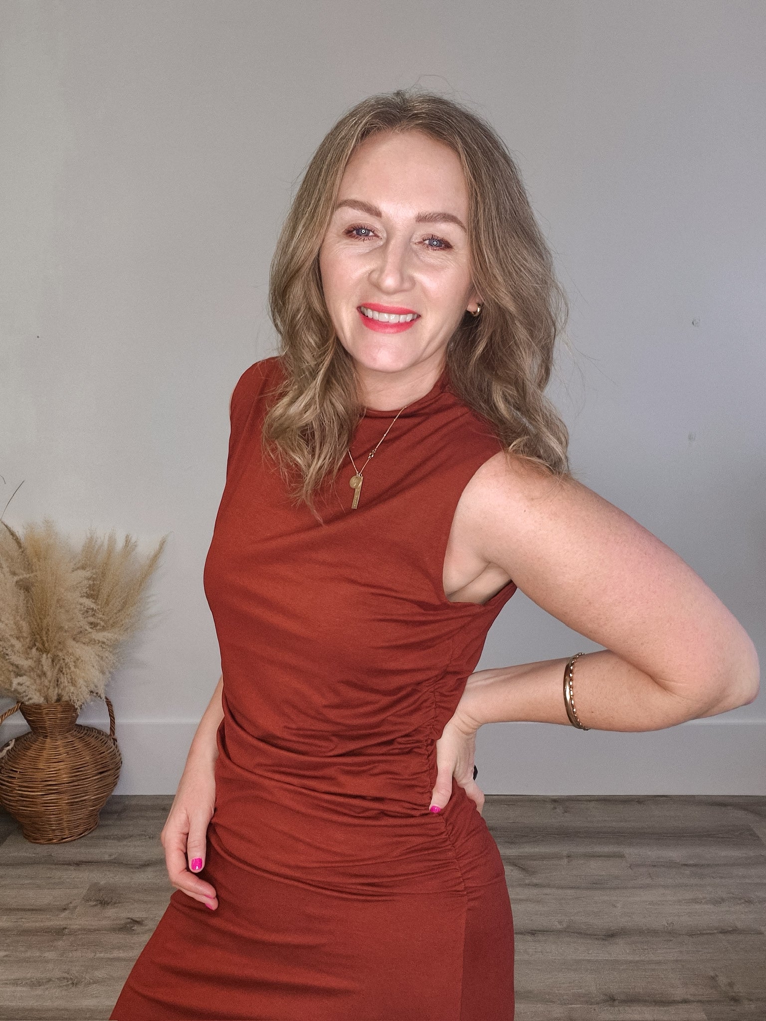 Draped Mock Neck Midi - Rust-dress- Hometown Style HTS, women's in store and online boutique located in Ingersoll, Ontario