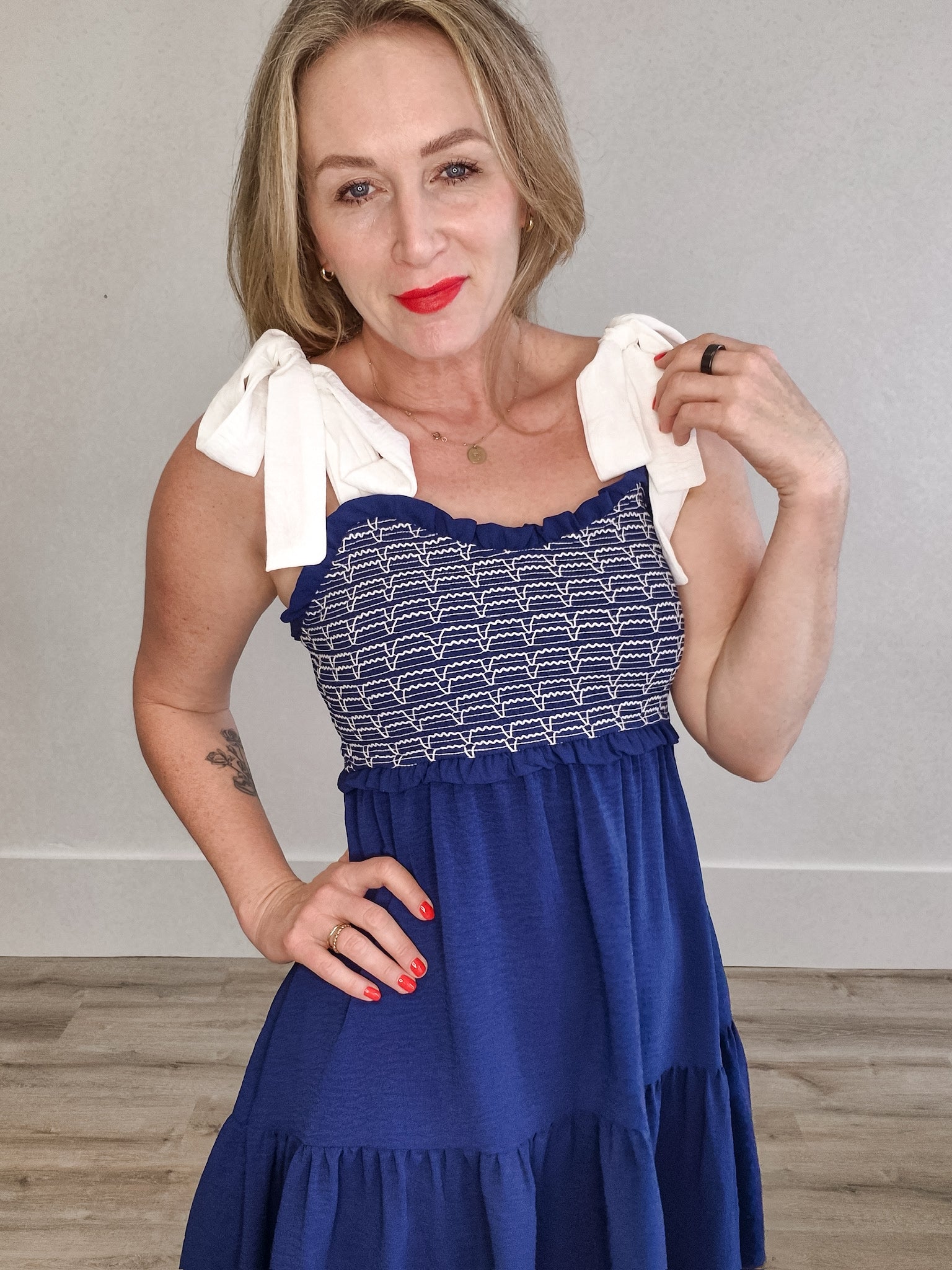 Bow Strap Mini Dress - Navy-Special Occasion Dress- Hometown Style HTS, women's in store and online boutique located in Ingersoll, Ontario