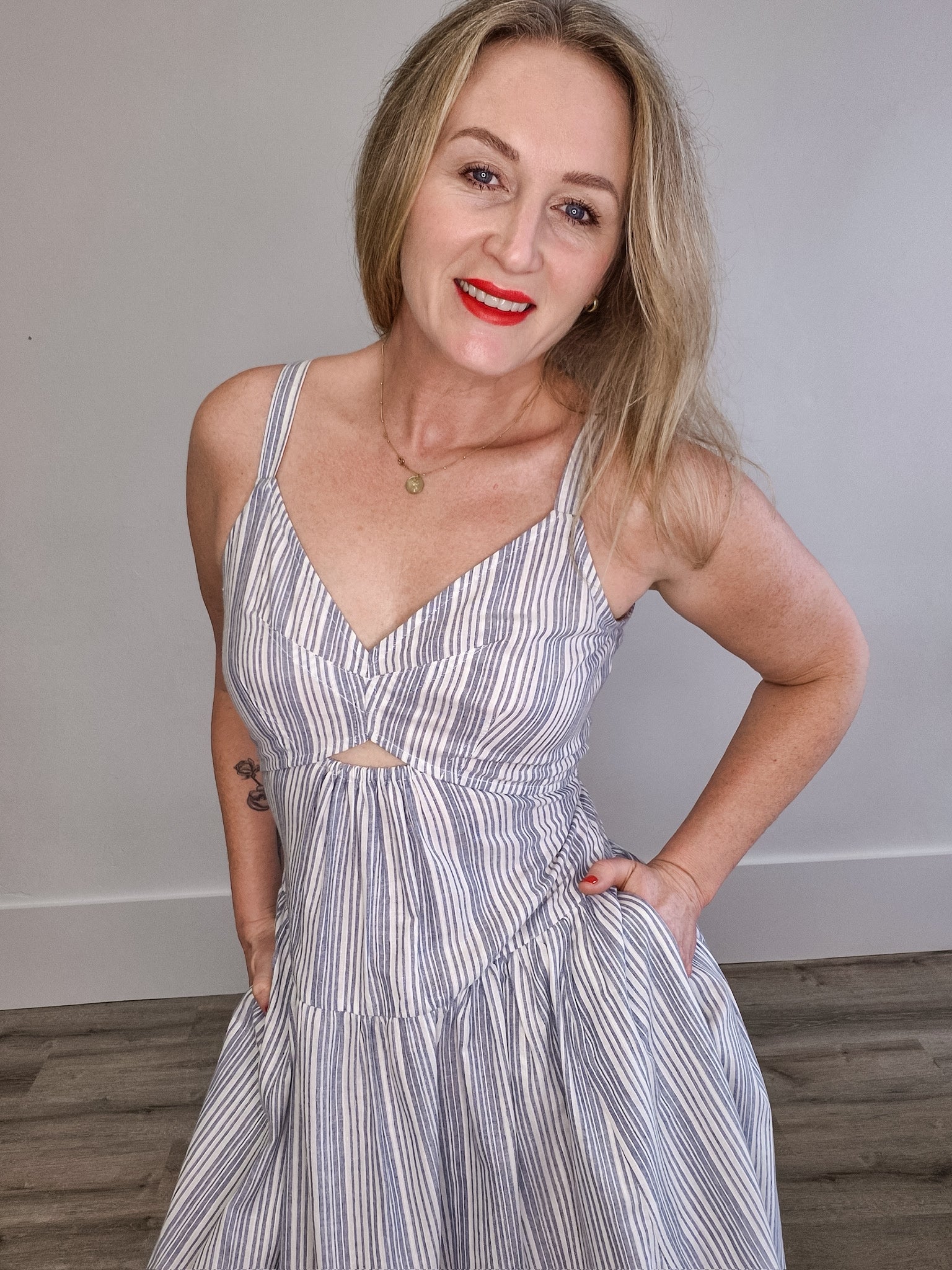 Striped V-Neck Midi Dress with Cutouts and Pockets - White/Blue-Dress- Hometown Style HTS, women's in store and online boutique located in Ingersoll, Ontario