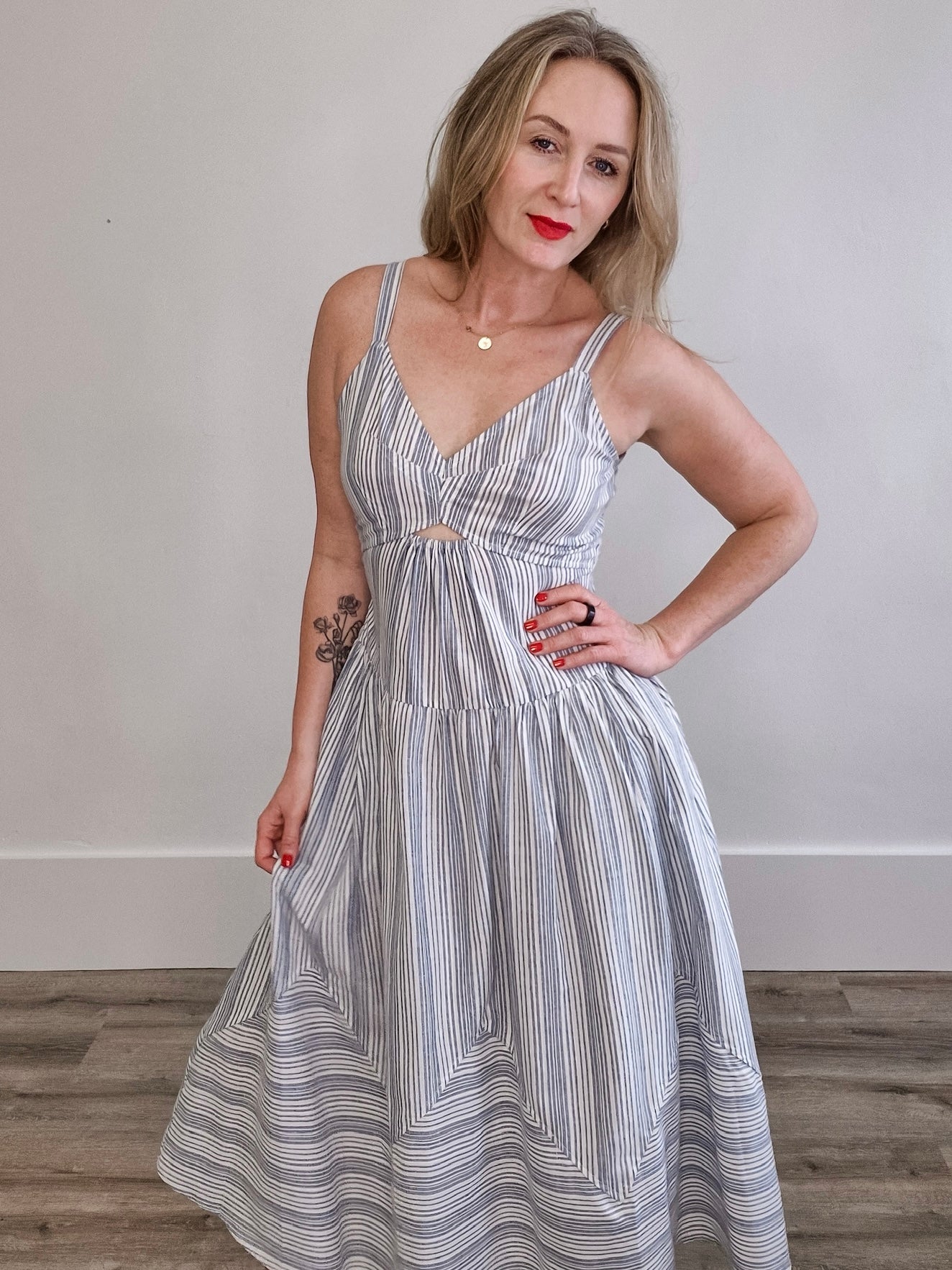 Striped V-Neck Midi Dress with Cutouts and Pockets - White/Blue-Dress- Hometown Style HTS, women's in store and online boutique located in Ingersoll, Ontario