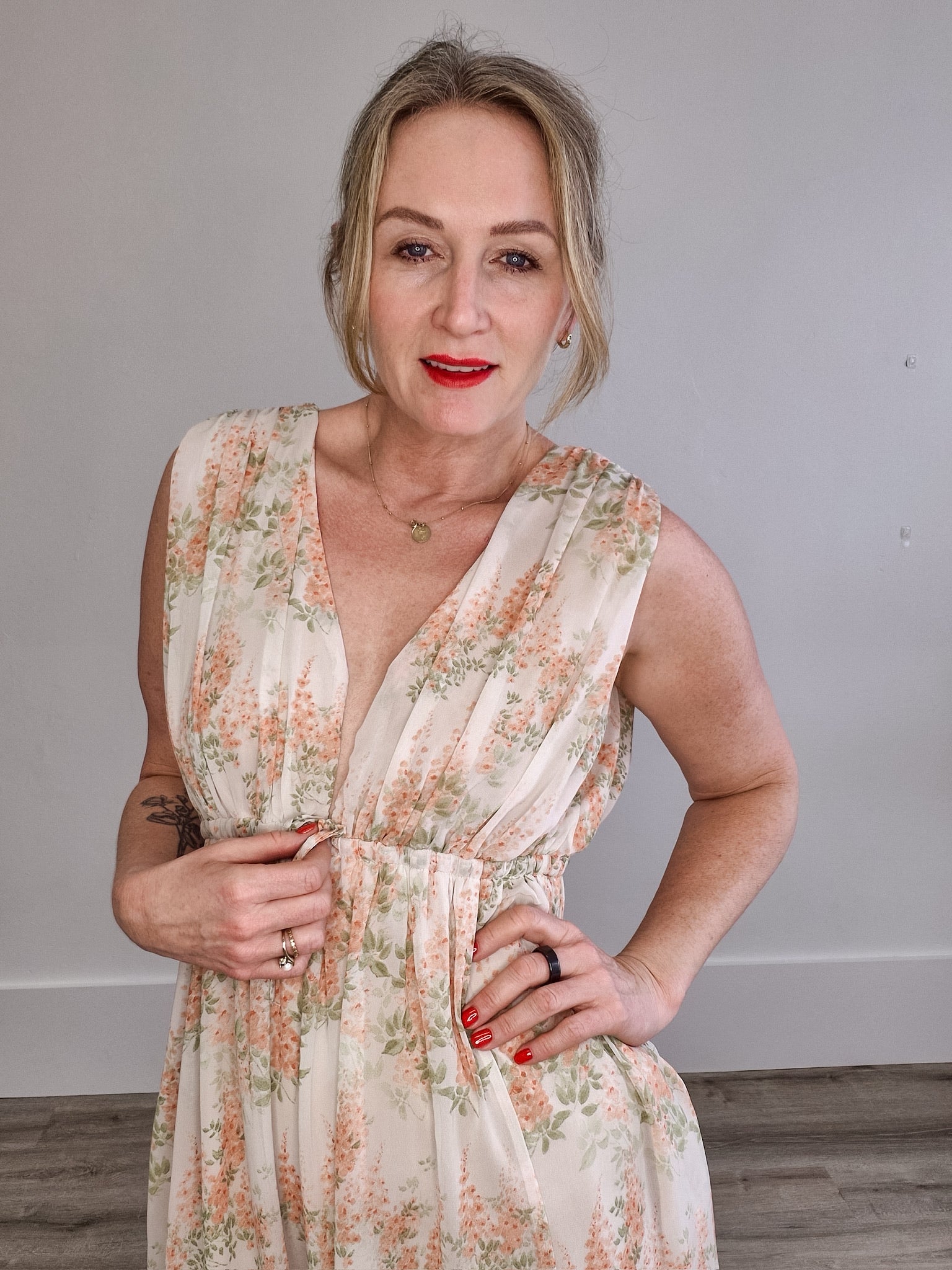 Floral Sleeveless Midi Dress - Coral & Off White-Special Occasion Dress- Hometown Style HTS, women's in store and online boutique located in Ingersoll, Ontario