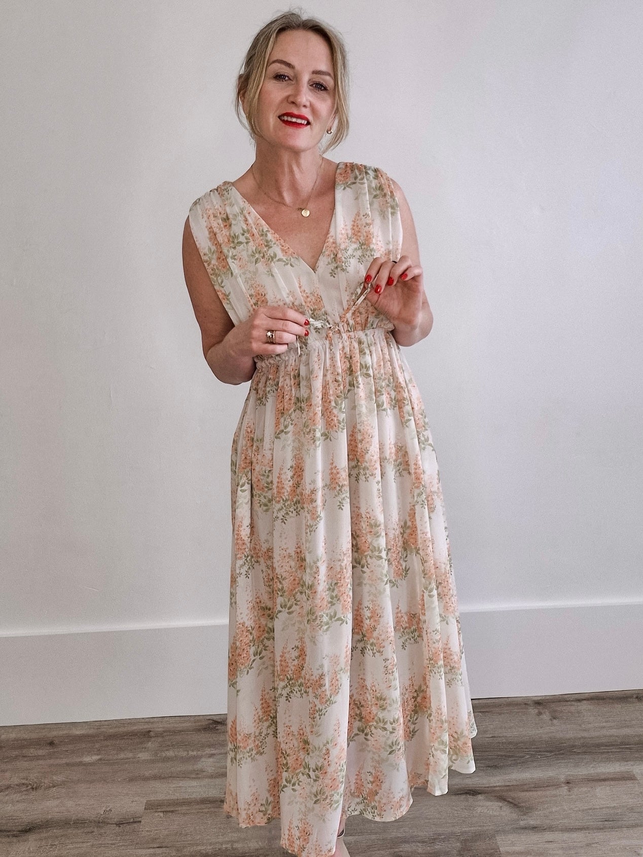 Floral Sleeveless Midi Dress - Coral & Off White-Special Occasion Dress- Hometown Style HTS, women's in store and online boutique located in Ingersoll, Ontario