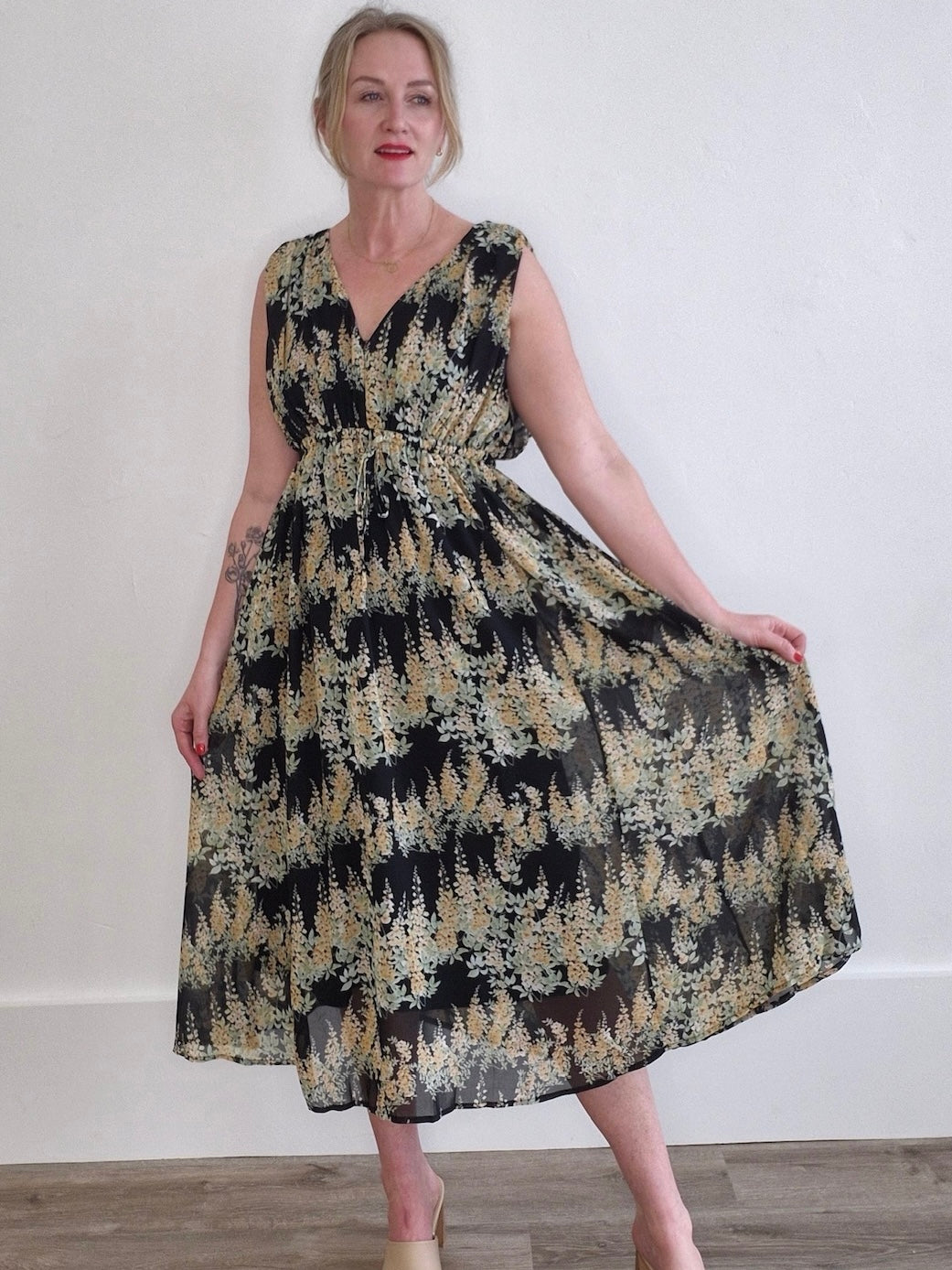 Floral Sleeveless Midi Dress - Black & Yellow-Special Occasion Dress- Hometown Style HTS, women's in store and online boutique located in Ingersoll, Ontario
