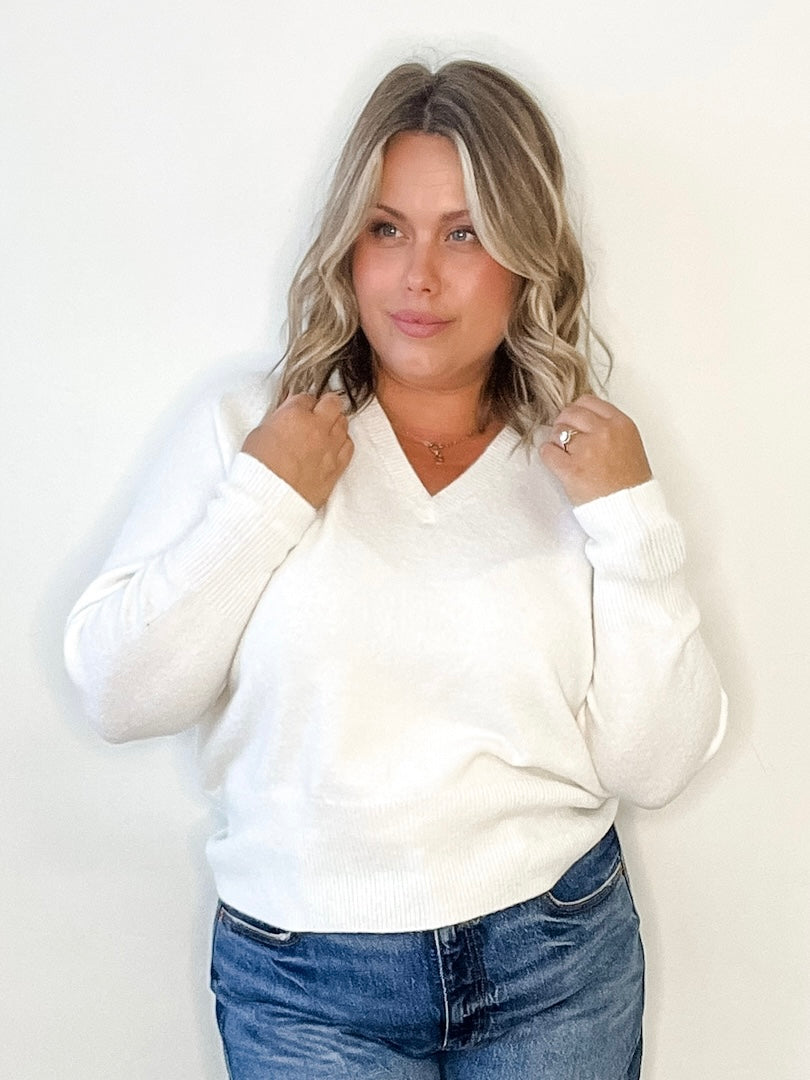 Niel V Neck Pullover - Chalk-Sweater- Hometown Style HTS, women's in store and online boutique located in Ingersoll, Ontario