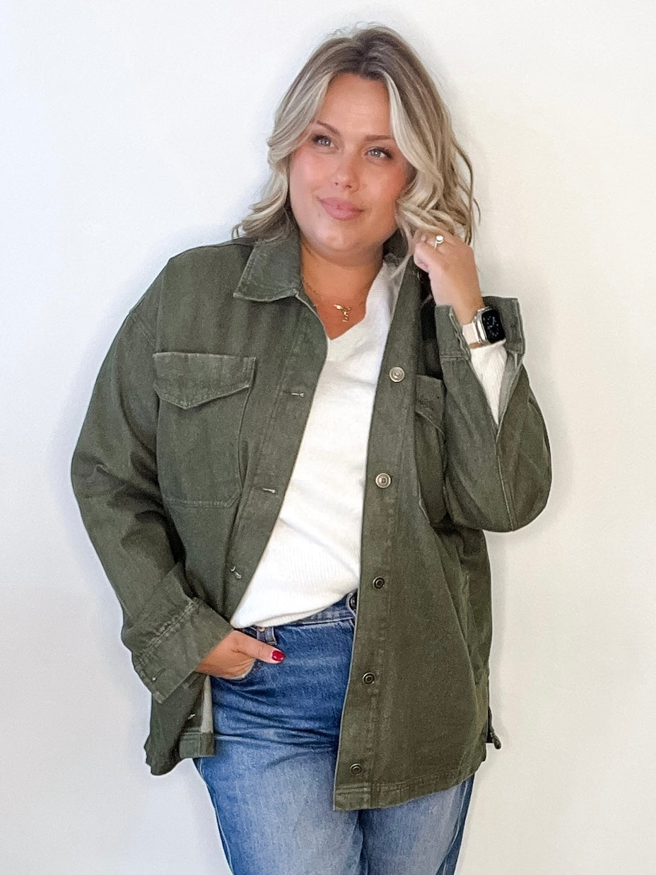 Barn Jacket/Utility Jacket - Olive-Coat & Jackets- Hometown Style HTS, women's in store and online boutique located in Ingersoll, Ontario