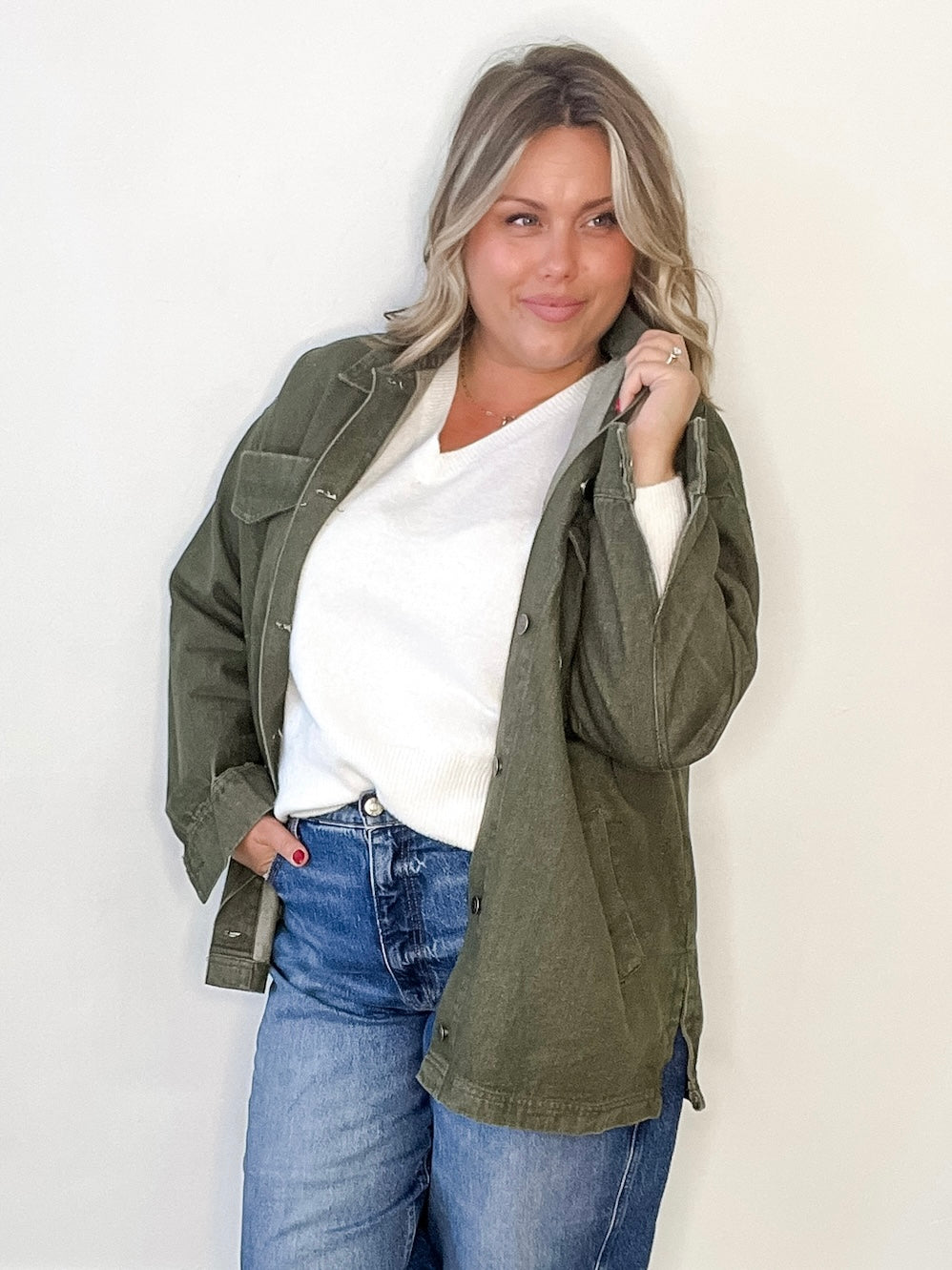 Barn Jacket/Utility Jacket - Olive-Coat & Jackets- Hometown Style HTS, women's in store and online boutique located in Ingersoll, Ontario