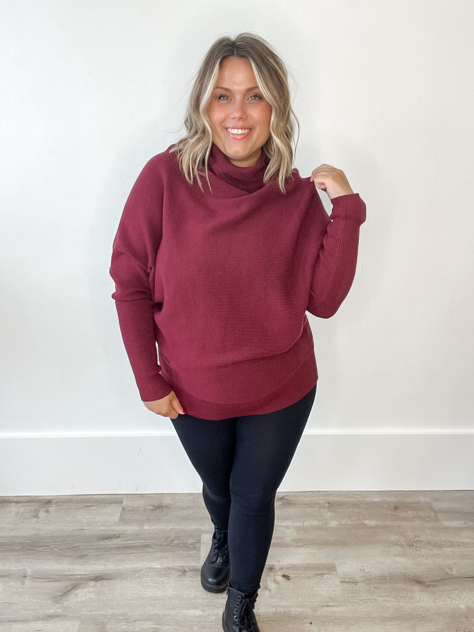 Slouch Neck, Dolman Sleeve Sweater - Wine-sweater- Hometown Style HTS, women's in store and online boutique located in Ingersoll, Ontario