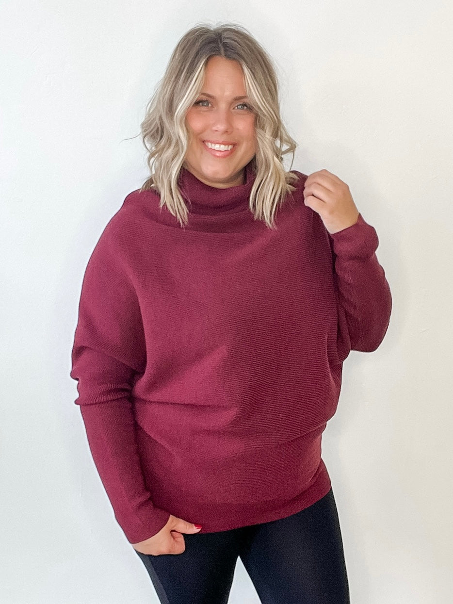 Slouch Neck, Dolman Sleeve Sweater - Wine-sweater- Hometown Style HTS, women's in store and online boutique located in Ingersoll, Ontario