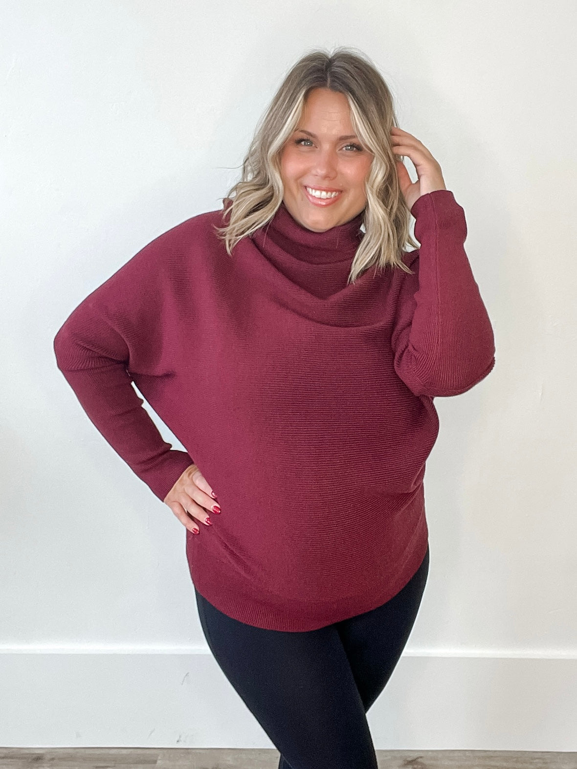 Slouch Neck, Dolman Sleeve Sweater - Wine-sweater- Hometown Style HTS, women's in store and online boutique located in Ingersoll, Ontario