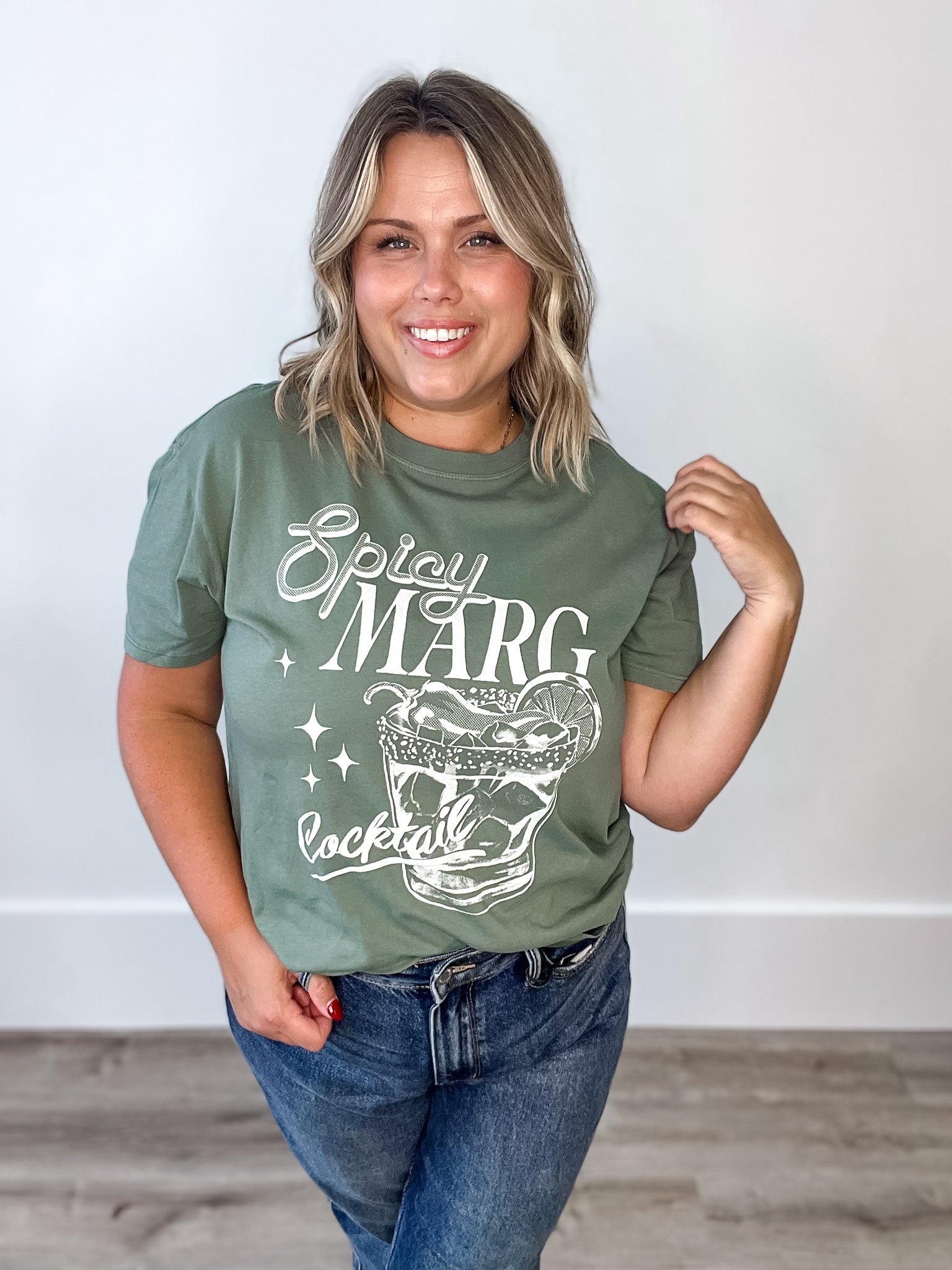 Spicy Marg Boyfriend Tee- Sage-Casual Tops- Hometown Style HTS, women's in store and online boutique located in Ingersoll, Ontario