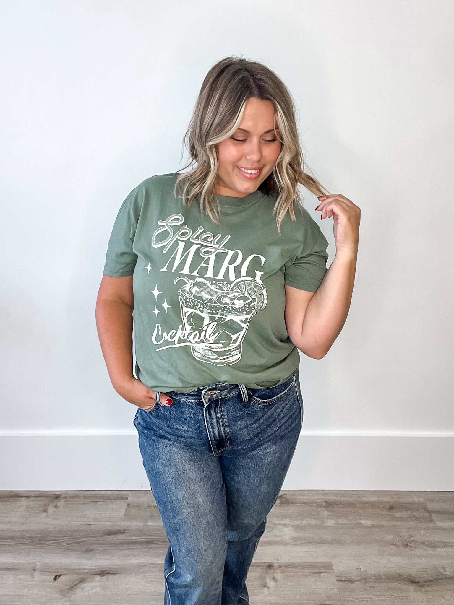 Spicy Marg Boyfriend Tee- Sage-Casual Tops- Hometown Style HTS, women's in store and online boutique located in Ingersoll, Ontario