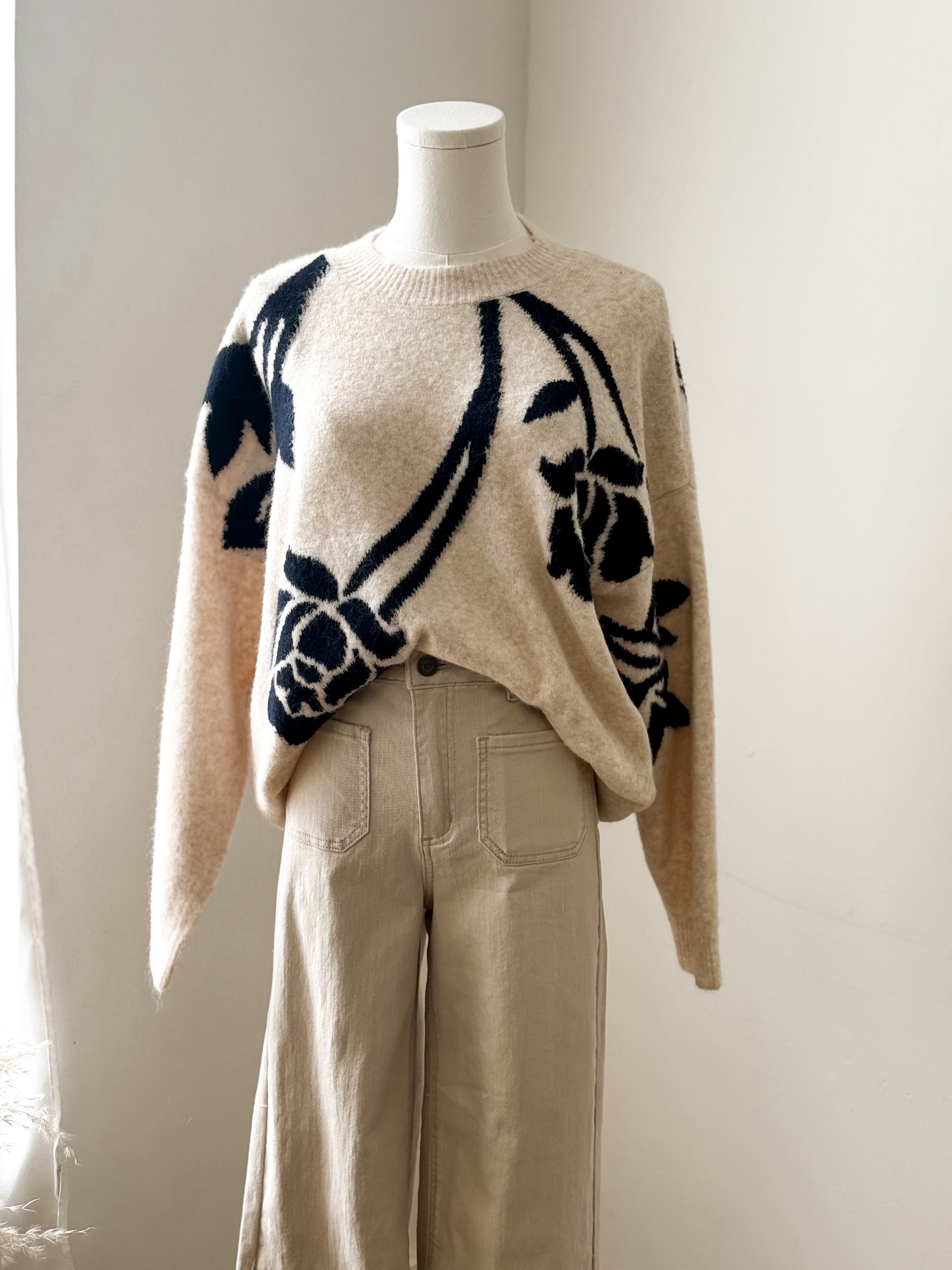 BYOMEA FLOWER JUMPER 4 -Birch/Sapphire-Sweaters and Cardigans- Hometown Style HTS, women's in store and online boutique located in Ingersoll, Ontario