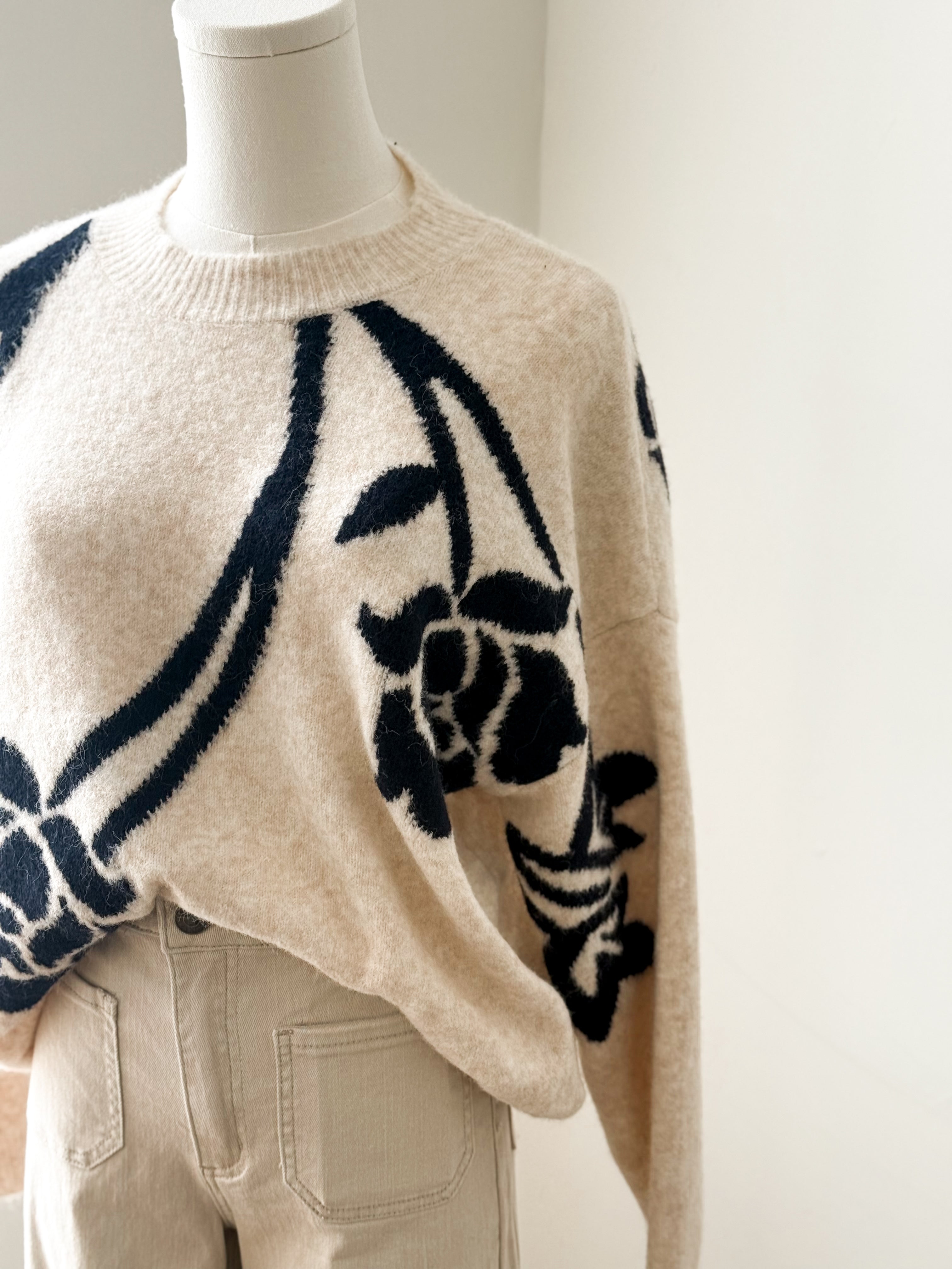 BYOMEA FLOWER JUMPER 4 -Birch/Sapphire-Sweaters and Cardigans- Hometown Style HTS, women's in store and online boutique located in Ingersoll, Ontario