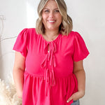Bow Tie Babydoll - Fuchsia-blouse- Hometown Style HTS, women's in store and online boutique located in Ingersoll, Ontario
