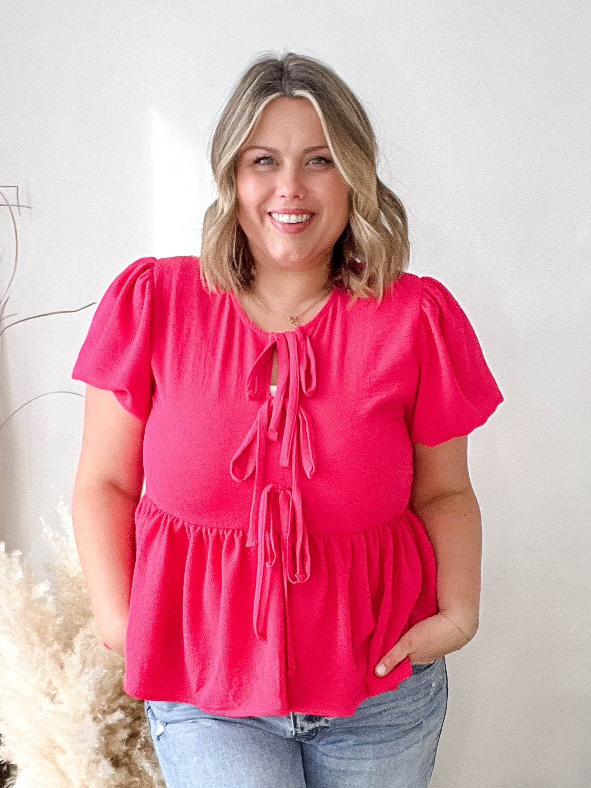 Bow Tie Babydoll - Fuchsia-blouse- Hometown Style HTS, women's in store and online boutique located in Ingersoll, Ontario